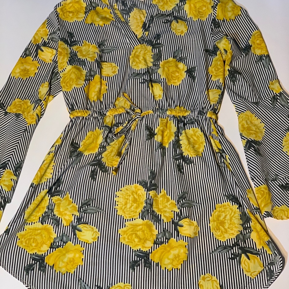 Yellow floral striped dress  with bell sleeves